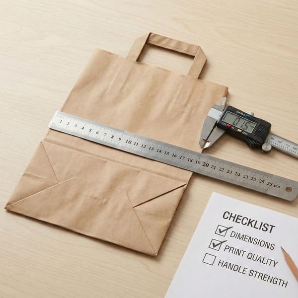 Paper bag sample with ruler, caliper, and QC checklist used for dimensional and quality inspection.