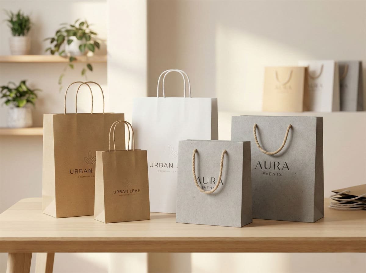 Premium custom paper bags for retail and event packaging with eco-friendly handles and simple branding.