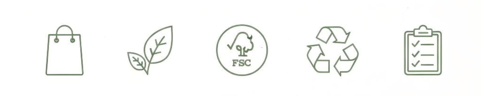 Minimalist FAQ banner with eco-friendly icons representing paper bags, recycling, quality checks, and FSC certification.