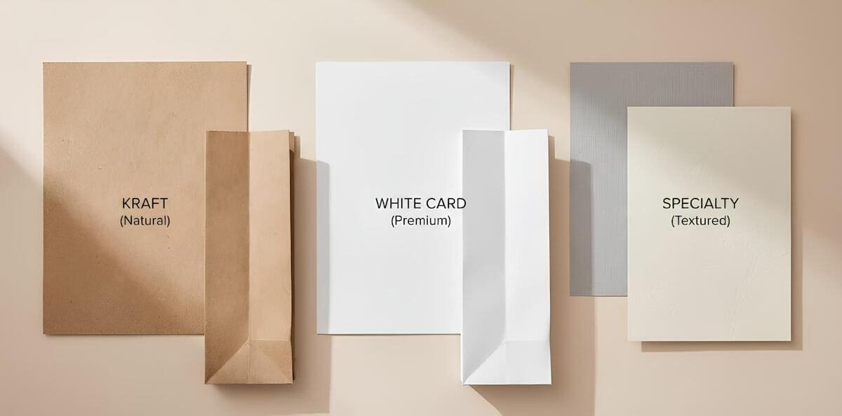 Paper options for custom paper bags including kraft paper, white card paper, and textured specialty papers