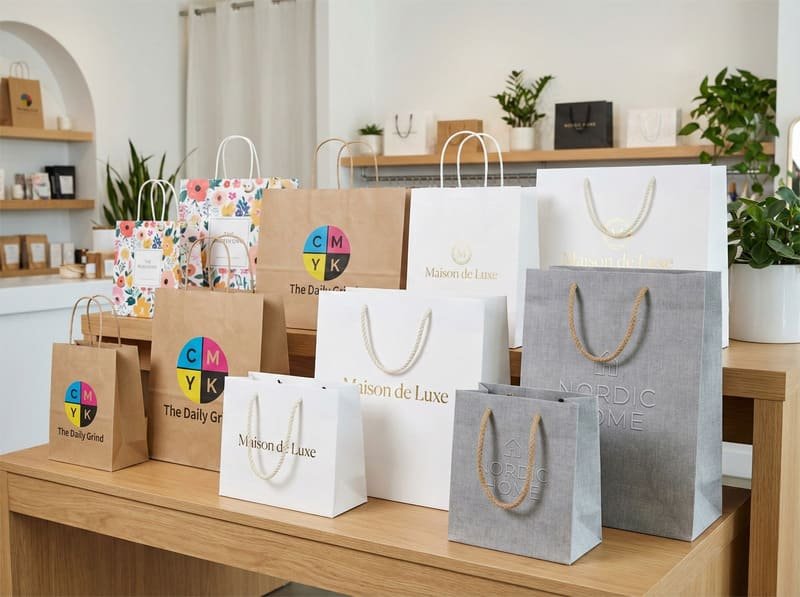 Assorted custom paper bags for retail stores in multiple sizes, materials, and printing styles.