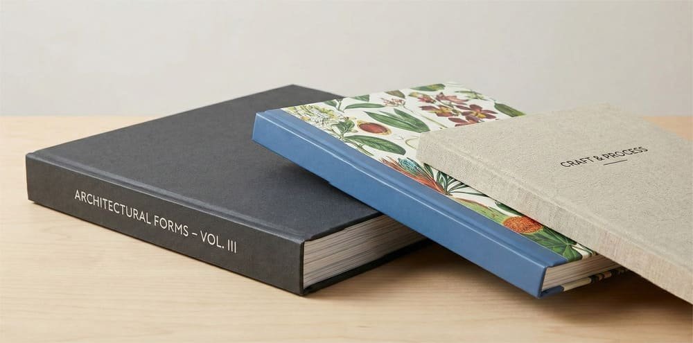 A range of perfect binding manuals in different designs and sizes, showcasing a professional hardcover finish.