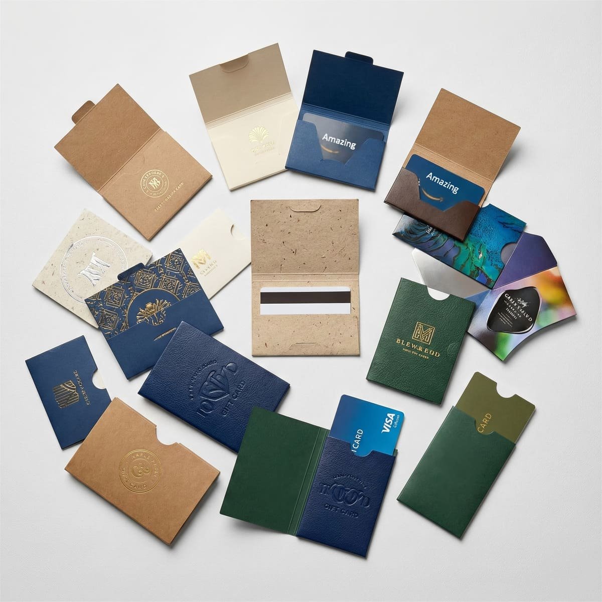 A variety of premium custom gift card holders with different designs, textures, finishes like foil stamping, embossing, and glossy coatings.