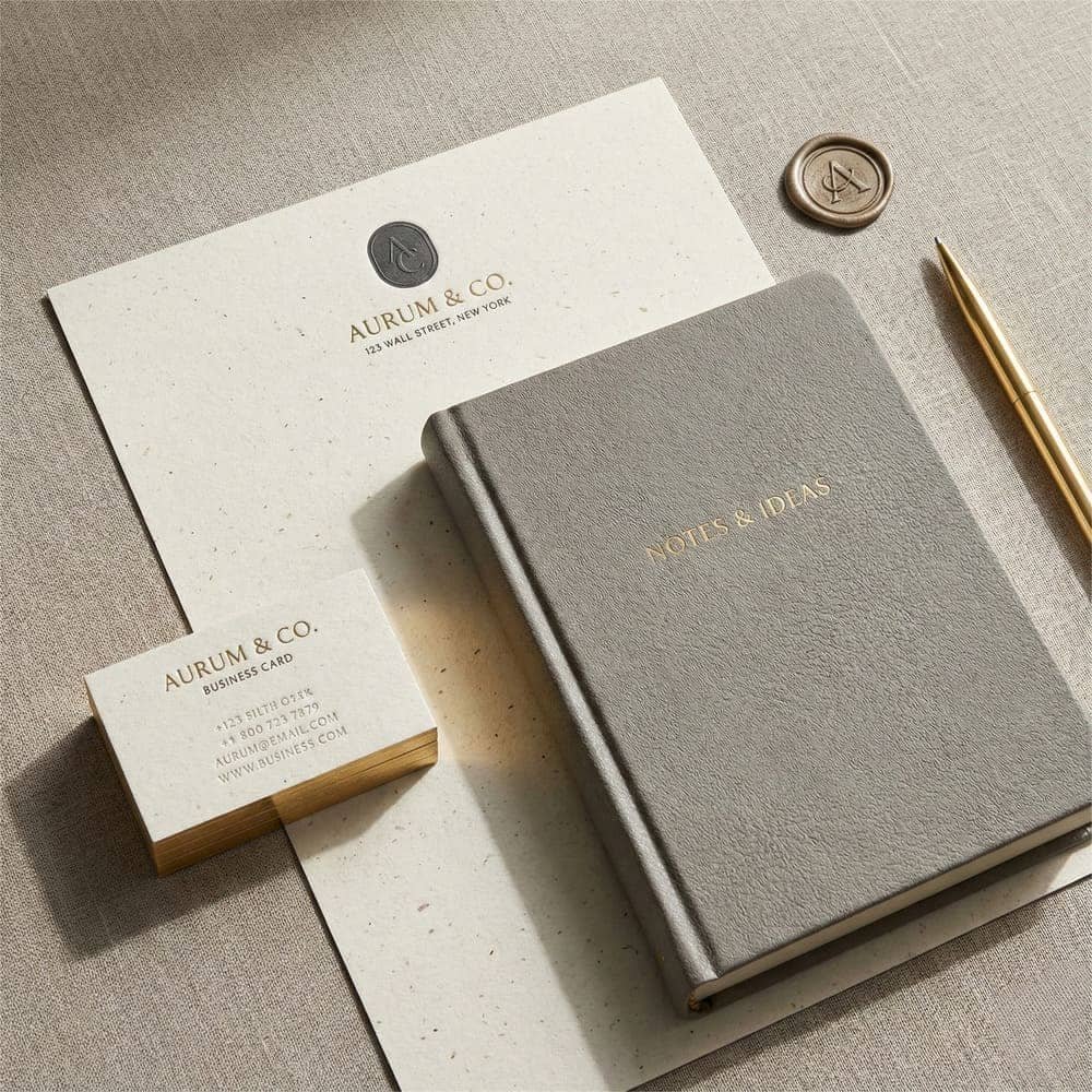 Premium custom stationery including personalized letterheads, business cards, and notebooks, with high-end finishes like embossing and eco-friendly materials.