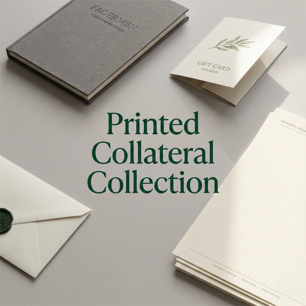 Premium printed materials including booklet, gift card holder, envelope, and letterhead, showcasing luxury design and eco-friendly finishes.
