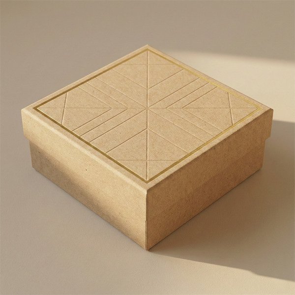 Premium rigid gift box with natural kraft texture, debossed details, and gold foil border