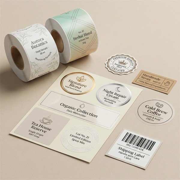 Custom printed stickers and labels including roll labels, mixed sheet labels, clear and kraft brand stickers, and barcode shipping labels for B2B packaging.