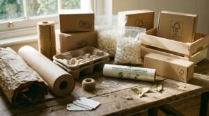 Eco-friendly packaging materials including FSC-certified paper, biodegradable plastics, and recyclable packaging.